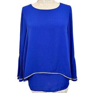 LAURA Rhinestone Trim Layered Blouse Bell Sleeves Electric Cobalt Blue